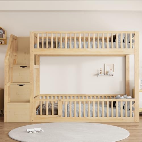 Merax Twin Over Twin Floor Bunk Bed with Storage Ladder and Guardrails, Wood Twin Bunk Bed for Kids Teens Adult, Natural Merax