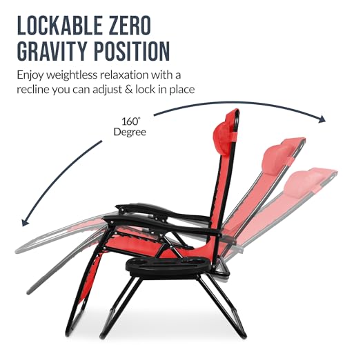Best Choice Products Set of 2 Extra Wide Adjustable Steel Mesh Zero Gravity Lounge Chair Recliners w/Pillows and Cup Holder Trays - Crimson Red