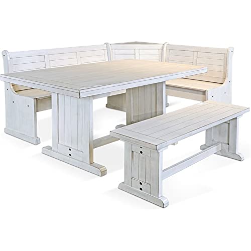 Pemberly Row Farmhouse Wood Kitchen Corner Breakfast Dining Nook Set with Hidden Storage in Marble White Pemberly Row