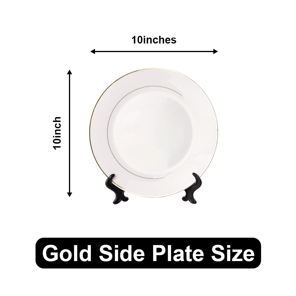 MR.R Set of 2 Sublimation Blanks White Ceramic Gold Rim Plate with Stand,Porcelain Plates, 10 inch Round Dessert or Salad Plate, Lead-Free, Safe in Microwave, Oven, and Freezer MR.R
