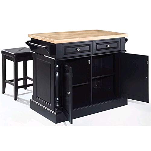 Pemberly Row Wood Butcher Block Top Kitchen Island with Square Stools in Black Pemberly Row