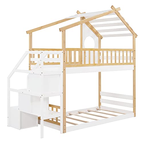 Harper & Bright Designs Twin Over Twin Bunk Bed with Stairs, Stairway House Bunk Bed Frame with Storage and Guard Rail for Kids Girls Boys (Natural and White) Harper & Bright Designs