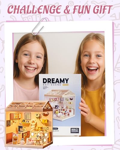 Kisoy DIY Miniature House Kit, Tiny House Building Kit with Furniture and LED Light for Teens and Beginners, DIY Mini House Craft Kit, Christmas Decorations/Gifts for Family and Friends (Cat Cafe)
