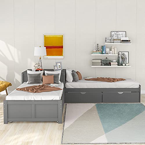 Merax L-Shaped Platform Bed with Trundle, Drawers and Built-in Desk, Wood Bed for Teens, L Shaped Twin Bed, Grey Merax