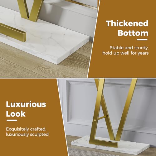 43.3" Gold Console Table, Modern Entryway Table with White Faux Marble Top & Metal Base, Narrow Sofa Table for Living Room, Hallway, Foyer PyroLog