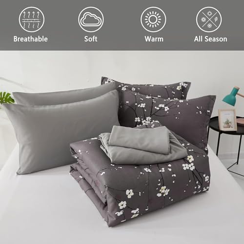 WONGS BEDDING 7 Pieces Bed in a Bag King, Floral Reversible Comforter Set Flower Plum Bedding Set King Size(1 Comforter,2 Pillowcase,2 Pillow Shams,1 Flat Sheet,1 Fitted Sheet) WONGS BEDDING