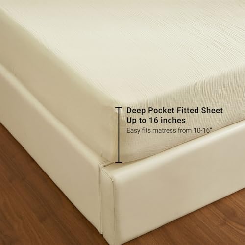 100% Muslin Cotton Cream Fitted Sheet Twin Only with 16" Elastic Deep Pocket, 1 Pack Soft Breathable Absorbent Gauze Single Fitted Bottom Sheet, Minimalist Fluffy Wrinkle Mattress Protector YASMENG