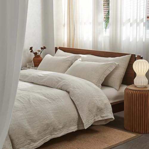 Simple&Opulence 100% Washed Linen Duvet Cover Set with Embroidered,3 Pieces Soft Farmhouse Comforter Set with Button Closure,1 Duvet Cover and 2 Pillowshams(King,Natural Linen) Simple&Opulence