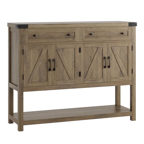 HOSTACK Buffet Sideboard Cabinet with Storage, 47.2‘’ Modern Farmhouse Coffee Bar with 2 Drawers, Barn Doors Console Table with Shelf for Kitchen, Dining Room, Living Room, Entryway (Rustic Brown) HOSTACK