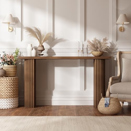 Fluted Solid Wood Console Table - 55 Inches Mid Century Modern Foyer Table, Entryway Hallway Minimalist Sofa Table, Half Round Legs HOKYHOKY