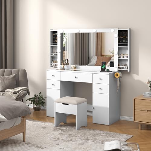 Vanity Desk with Lighted Mirror & Power Outlet, Makeup Vanity Table with 5 Drawers & 2 Cabinets, Large Vanity Set with Stool, Glass Top, Sliding Jewelry Storage Shelves, for Women Girls, White chartustriable