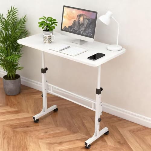 Portable Standing Desk Adjustable Height 27.5"-43.3", Small Computer Desk with Wheels, Foldable Home Office Desk, Folding Table for Laptop, Rolling Desk for Small Space, White Wintline