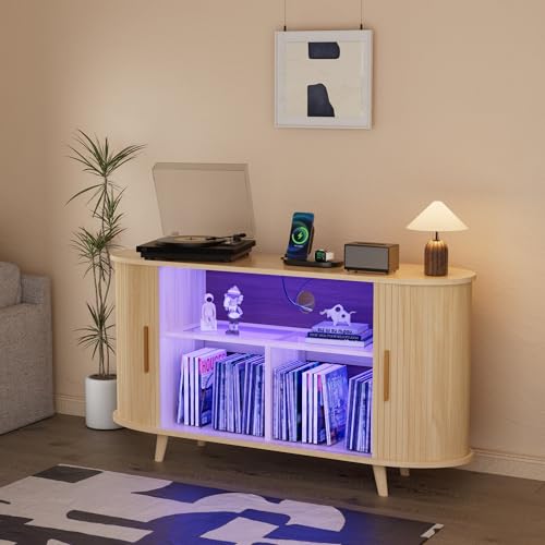 Hretanant Record Player Stand,55" Record Storage Cabinet with Charging Station&USB Ports,Mid Century Turntable Stand with Vinyl Storage&LED Lights,Holds up to 300+ Albums,for Living Room Bedroom,Oak Hretanant