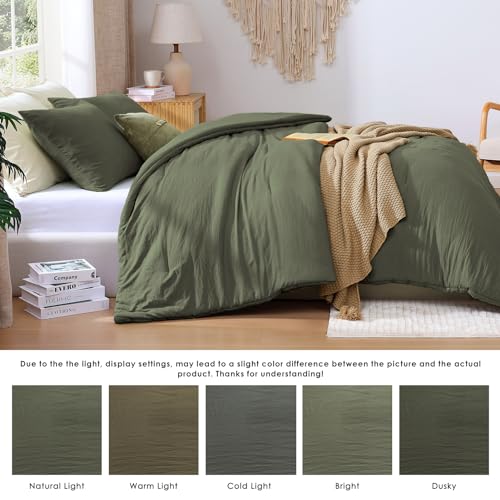 WRENSONGE Queen Comforter Set - 3 Pieces Prewashed Olive Green Comforter Soft Lightweight for All Seasons,Down Alternative Comforters Queen Size with 2 Pillow Shams WRENSONGE