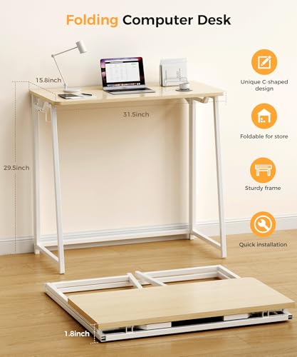 POLWKZU Folding Desk Small Foldable Desk for Small Space, 31.5 Inches Writing Computer Desks in Study, Home Office Foldable Office Desks for Bedroom, Oak POLWKZU