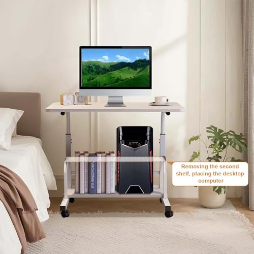 FinerFurnis Adjustable Height Mobile Standing Desk with Wheels – Rolling Computer Desk – Storage Shelves – Compact Laptop Table – Home Office & Study FinerFurnis