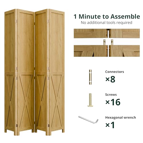 Cozy Castle Wood Room Divider, 4 Panels Folding Privacy Screen, 66.9'' Wall Divider, Barnwood Room Separator, Freestanding Partition, Temporary Wall for for Home Office Restaurant Decorative, Natural Cozy Castle