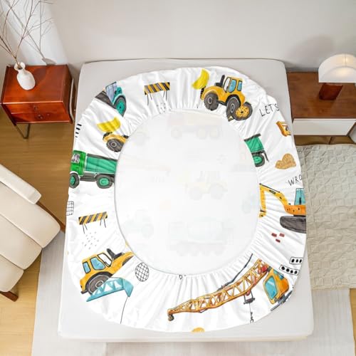 Excavator Bed Sheets King Size, Tractor Machinery Trucks Sheet Set, Kids Boys Construction Vehicle Fitted Sheet, Bulldozer Crane Equipment Truck Bed Sheet set With 2 Pillow Cases, Yellow Green Erosebridal