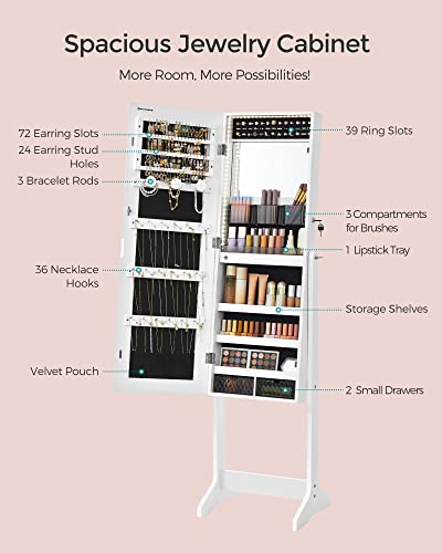 SONGMICS Mirror Jewelry Cabinet Standing Armoire Organizer, Jewelry Storage with Full-Length Frameless LED Lights, Built-in Makeup Mirror, 2 Drawers, Lockable, White UJJC023W01 SONGMICS
