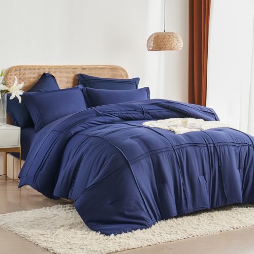 Yogeneg Twin Comforter Set 5 Piece Bed in a Bag,Grid Pinch Pleat Navy Blue Twin Bedding Set,Striped Textured Soft Microfiber Comforter with Sheet Set,All Season Complete Bed Set(Navy Blue,Twin) Yogeneg