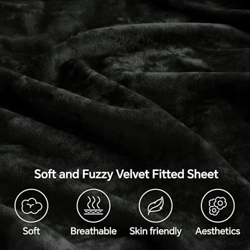 BEDELITE Velvet Fitted Sheet and Pillowcases Set, Luxury Soft Fuzzy Bottom Sheet with Reinforced Elastic Corner Straps, Deep Pocket up to 15 Inch, 1 Fitted Sheet and 2 Pillowcases (Queen, Black) BEDELITE