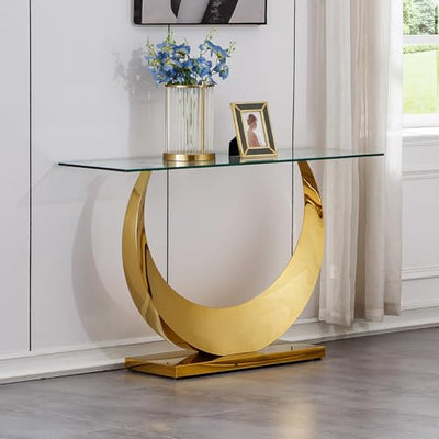 Modern Glass Entryway Console Table with Moon Shape Stainless Steel Pedestal Base, Long Narrow Sofa Table Behind Couch Hallway Table for Entryway, Living Room, Foyer, Entrance Gold