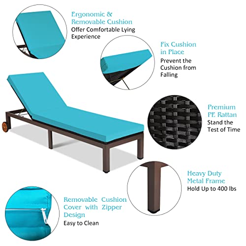 Tangkula Patio Chaise Lounge Chair, Outdoor Rattan Lounger Recliner Chair with Wheels, Wicker Chaise Chair W/Cushioned Seating, Recliner 5-Position Adjustable for Garden Patio Poolside (1, Turquoise)