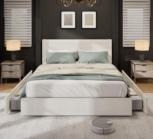 IDEALHOUSE King Size Bed Frame with Tall Tufted Wingback Headboard, Platform Velvet Upholstered King Bed Frame with 4 Storage Drawers and Wooden Slats Support, No Box Spring Needed, Creamy White IDEALHOUSE