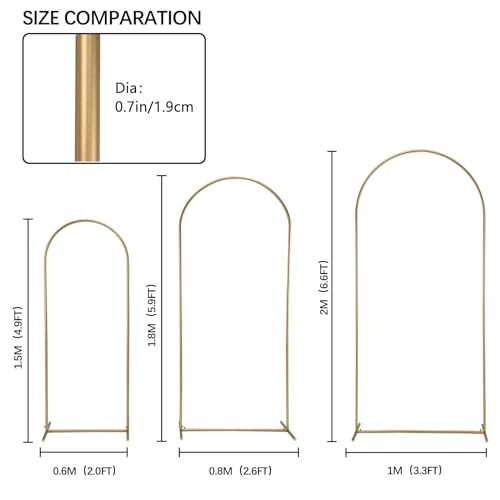 Vincidern Wedding Arch Backdrop Stand 6.6FT, 5.9FT, 4.9FT Set of 3,Metal Arch Backdrop Stand for Wedding Ceremony Baby Shower, Outdoor Indoor Birthday Party, Garden Floral Balloon Arch Decoration,Gold Vincidern