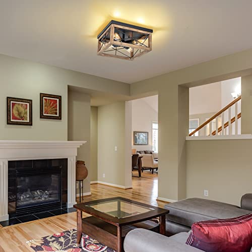 eyassi Wooden Flush Mount Ceiling Lights, 4-Light Farmhouse Close to Ceiling Lighting Fixtures Black Ceiling Lamp for Kitchen Island Living Room Bedroom Hallway Laundry Entryway eyassi
