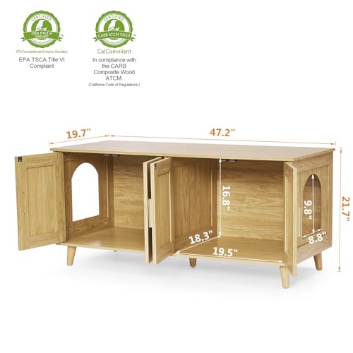 Homhedy Boho Cat Litter Box Enclosure for 2 Cats,Litter Box Furniture Hidden with Double Rattan Decorated Doors,Wooden Cat Washroom Furniture,Cat House,47.2”L x 19.7”W x 21.7”H, Natural Homhedy