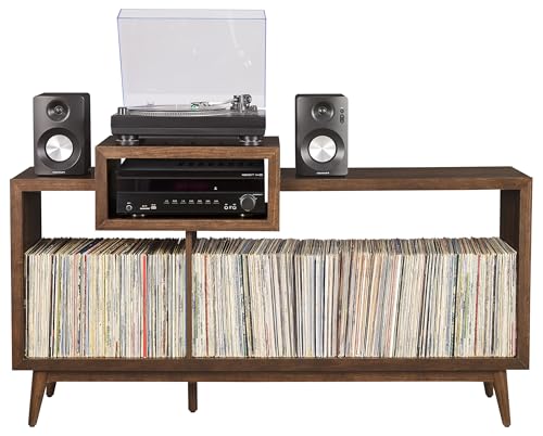 Crosley Furniture Nashville Mid Century Modern Console Record Player Stand, Stores Up to 280 Vinyl Records, Large, Brown Crosley Furniture