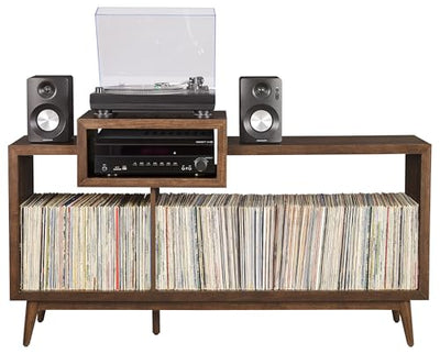 Crosley Furniture Nashville Mid Century Modern Console Record Player Stand, Stores Up to 280 Vinyl Records, Large, Brown