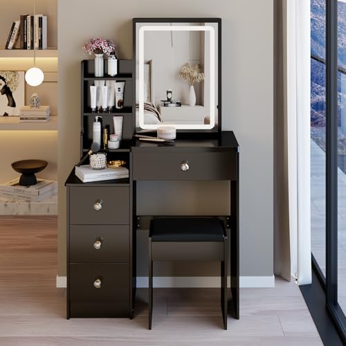 Montary 29.2" Small Size Vanity Desk Set with Plush Cushioned Stool - Sliding Mirror with Adjustable LED Light, Drawers, Multi-Layer & Hidden Storage,Practical & Stylish, Black Montary