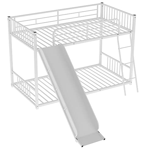 Bellemave Bunk Bed with Slide, Metal Twin Over Twin Bunk Bed with Slide and Ladder, Made of Heavy Duty Steel, for Girls Boys Teens – White Bellemave