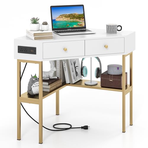 Tangkula Corner Desk with 2 Drawers & Built-in Charging Station, 90 Degrees Triangle Corner Computer Desk for Small Space, Bedroom Makeup Vanity Desk with Storage Shelves, Corner Desk (Gold & White) Tangkula