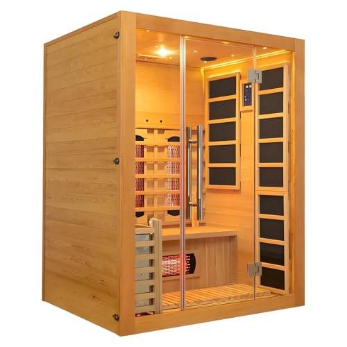 Luxury Dual-System Wood Sauna Room for 3 Person, Hybrid Indoor Sauna Spa,Canadian Hemlock, 4.5KW Heater, 195°F Steam+149°F Far Infrared, 10 Heating Elements, 220V, Oxygen Ionizer, 8mm Tempered-Grass ZONEMEL