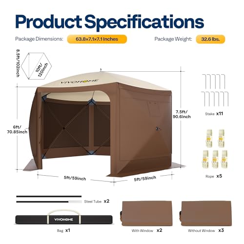 VIVOHOME 10x10ft Pop-Up Gazebo Screen Tent, 6-Sided Instant Outdoor Canopy Shelter with Large Main Door, Wind Panels, and Screens for Outdoor Parties, Camping, Lawn and Backyard VIVOHOME