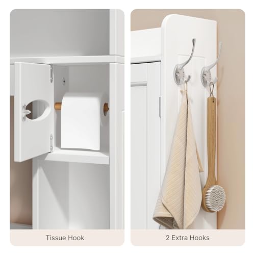 Ahomly Over The Toilet Storage Cabinet, 32.3" W x 70.3" H Over Toilet Bathroom Organizer with Doors, Adjustable Shelves, Toilet Paper Holder, 2 Side Hooks, Space-Saver for Bathroom, Laundry, White Ahomly