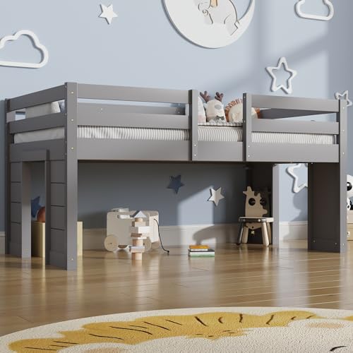 St.Mandyu Twin Size Low Loft Bed with LED Lights, Kids Twin Loft Bed with Stairs, Bookcase, Safety Guardrail and Under-Bed Play Space, Grey St.Mandyu
