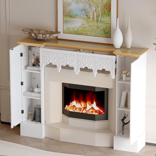 Timechee White Freestanding Electric Fireplaces Mantel Stand, Wooden Decorative Mantel Storage Cabinet with Doors and Shelves,Drawers, Fireplace Decor Entertainment Center with Storage for Living Room Timechee