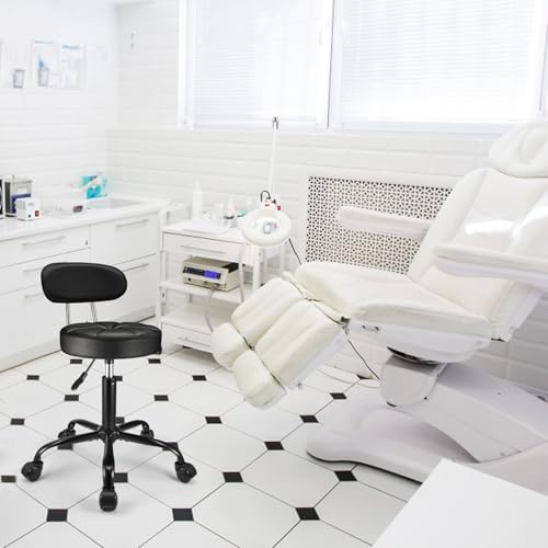 FNZIR PU Leather Rolling Stool with Back Support Height Adjustable Swivel Stool Chair with Wheels Drafting Chair for Spa Slaon Massage Stable Base Foot Black FNZIR