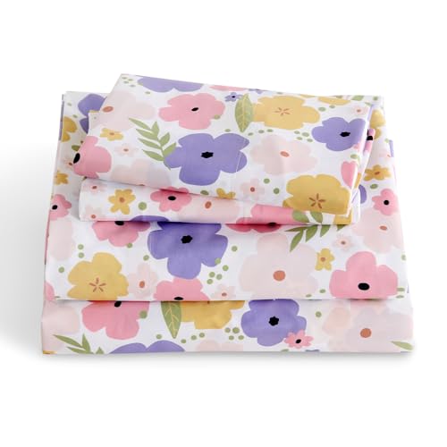 LONAVA Queen Sheet Set Kids - 4 Pieces Soft Microfiber Cartoon Style Bedsheets for Boys Girls Teens, Oeko TEX, Breathable Deep Pocket Sheets, (Flower) LONAVA