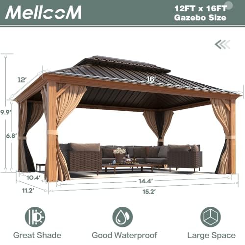 MELLCOM 12' X 16' Hardtop Gazebo, Wooden Finish Coated Aluminum Frame Gazebo with Galvanized Steel Double Roof, Brown Metal Gazebo with Curtains and Nettings for Patios, Gardens, Lawns MELLCOM