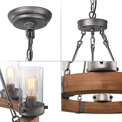 GEPOW Farmhouse Wood Chandelier, Round Wagon Wheel Light Fixture with Seeded Glass Shades for Dining Room, Living Room, Bedroom, Kitchen Island and Foyer GEPOW