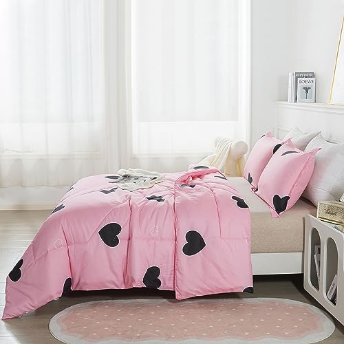 Caressma Girls Pink Comforter Set Twin Size - Blush Pink Cute Love Heart Print Comforter Bedding Set for All Seasons, Geometric Soft Microfiber Comforter Set with Pillowsham Caressma