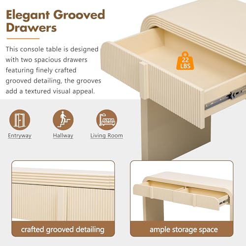 Modern Console Table with Drawers, Smooth Surface, Curved Design Entryway Table for Entrance, Hallway, Living Room (Apricot Cream) DREAMODERN