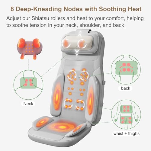 Rainwolf Shiatsu Neck and Back Massage Cushion with Heat - 4D Deep Tissue Kneading Full-Back Massager for Relief Stress, Adjustable Intensity & Height, for Office Chair & Home Rainwolf