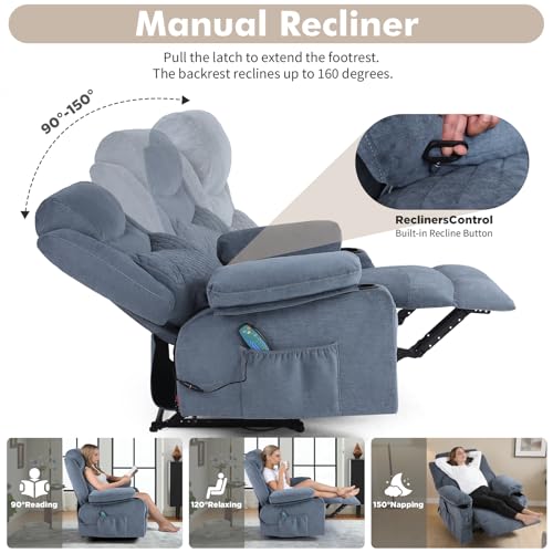 Overstuffed Massage Recliner Chair with Heat, Fabric Wide Seat Reclining Chair with Cup Holder for Adult, Heated Massaging Manual Recliner Chairs, Navy Blue