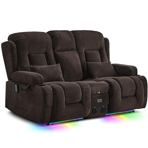 TUNYI Wall Hugger Loveseat Recliner Sofa with Console, Power Reclining Loveseat RV Couch with Massage & Heat/USB/Outlet/Storage/LED Light/Speaker (Brown)